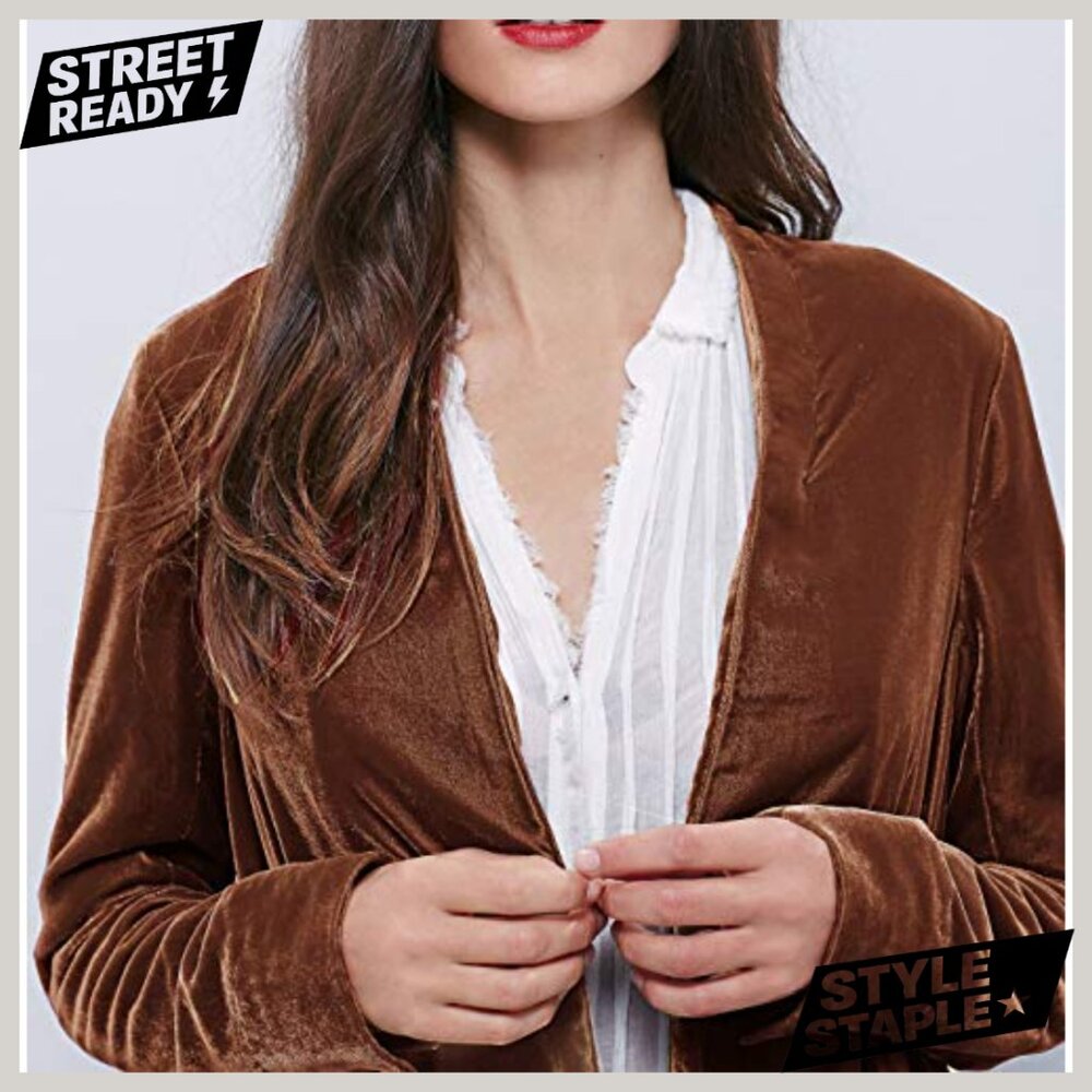 Long Velvet Blazer Coat with Ruffled Asymmetric Hem, Loose Fit - Picture 3 of 6
